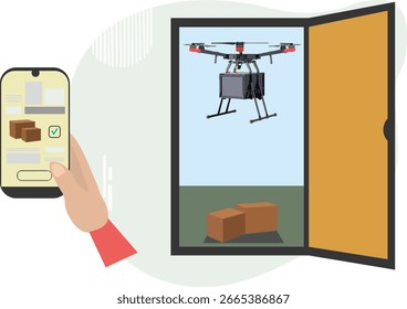 Ilustración vectorial conceptual de la entrega sin contacto y el pedido de productos a través de aplicaciones móviles y compras en línea. Entrega a la puerta de la casa por drone