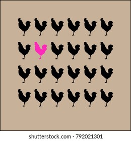 Conceptual vector illustration contrasting oneself with society, individuality and difference from others.  Twenty-three black cocks and one that stands out pink 