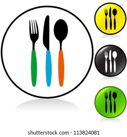 Conceptual vector illustration of cutlery symbols in round button. fork, knife and spoon silhouettes proposed colors.