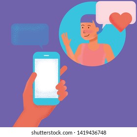 Conceptual vector illustration of dating mobile app, messaging and communication through social network. A hand holding a smartphone, two people get in touch and have a virtual chat conversation.