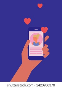 Conceptual vector illustration of dating mobile app, messaging and communication through social network. A hand holding a smartphone, two people get in touch and have a virtual chat conversation.