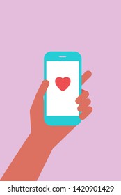 Conceptual vector illustration of dating mobile app, messaging and communication through social network. A hand holding a smartphone with heart icon on display.