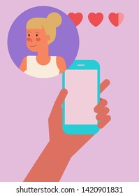 Conceptual vector illustration of dating mobile app, messaging and communication through social network. A hand holding a smartphone, two people get in touch and have a virtual chat conversation.