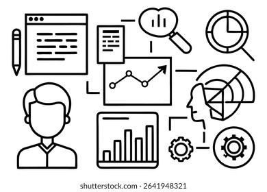 Conceptual vector illustration depicting data analysis and business process with relevant icons