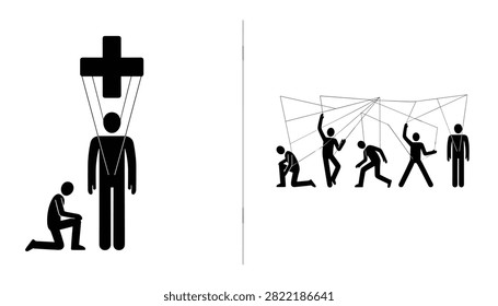 Conceptual vector illustration depicting different people being controlled like puppets with thin overhead strings.