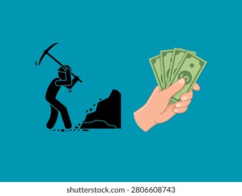 A conceptual vector illustration depicting the financial myth and fallacy of hard labor. A worker is shown digging tiresomely for money, symbolizing the limitation of active income and the poor mindset of trading time for money instead of smart investing and building passive income.