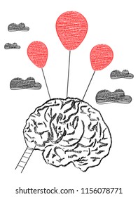 Conceptual vector illustration in Doodle style. The brain with a ladder flies on a bunch of red balloons. Flight of ideas. Surrealism.