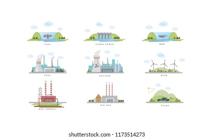 Conceptual vector illustration of electric power plants. Tidal, nuclear, hydro, coal, solar, wind, Geo thermal & biomass power-plants.  