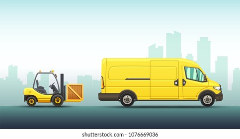 Ilustración conceptual vectorial del servicio de entrega rápida con coche y carretilla elevadora sobre un fondo urbano.