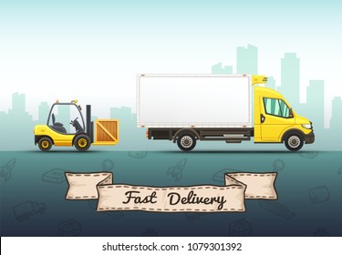 Conceptual vector illustration of fast delivery service with truck and forklift on a urban background.