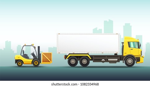 Conceptual vector illustration of fast delivery service with truck and forklift on a urban background.
