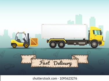 Conceptual vector illustration of fast delivery service with truck and forklift on a urban background.