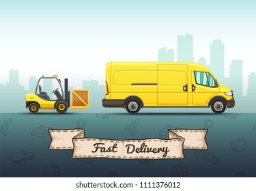 Conceptual vector illustration of fast delivery service with truck and forklift on a urban background.