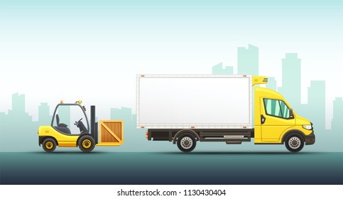 Conceptual vector illustration of fast delivery service with truck and forklift on a urban background.
