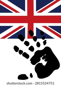 A conceptual vector illustration featuring a black silhouette of a handprint with extended fingers in the foreground, overlaid onto a portion of the United Kingdom national flag (Union Jack). This design symbolizes British identity, community involvement, support, and a multicultural society.