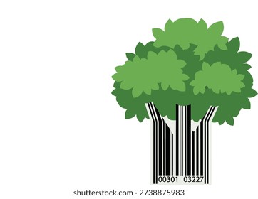 A conceptual vector illustration featuring a lush green tree whose trunk is rendered as a barcode, symbolizing sustainable commerce.