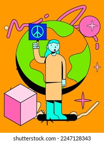 Conceptual vector illustration of a female pro-peace supporter in a simple flat style and neon color palette. 