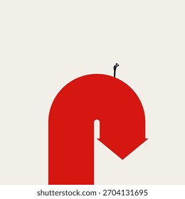 Conceptual vector illustration of financial decline and crisis. A businessman stands on top of a large red arrow curving downwards indicating a market drop.