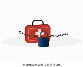 Conceptual vector illustration of a first aid kit secured with a chain and padlock, symbolizing barriers to healthcare, restricted access to medical services, health inequality and limited access to treatment.