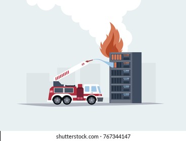 Conceptual Vector Illustration in Flat Style Depicting Urgent Help with Servers Operation. Includes Fire Engine and Server Rack in the Image of a Building.