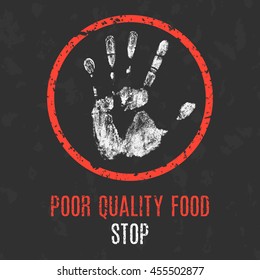 Conceptual vector illustration. Global problems of humanity. Stop poor quality food sign.