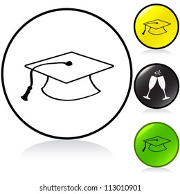 Conceptual vector illustration of graduate cap, graduation symbol in round button. Proposed colors. Vector File.