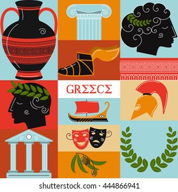 Conceptual vector illustration of Greece, various symbols of ancient times. Made in a flat style. Template Poster for travel to Greece, tourism, historical reconstruction.