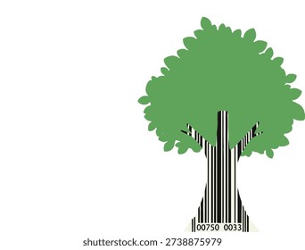 A conceptual vector illustration of a green tree with its trunk designed as a barcode, symbolizing sustainable resources and eco-friendly products.