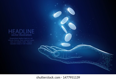 Conceptual vector illustration, a hand with flipped coins, on a deep blue background and with lighting effects, symbolizes finance, profit, prosperity, success in trading operations.