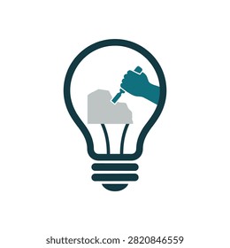 Conceptual vector illustration of a hand using a chisel to carve a stone inside a lightbulb silhouette, symbolizing creativity and innovation.