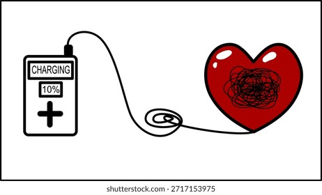 Ilustración vectorial conceptual de un corazón recargado por un banco de poder, que representa la recuperación emocional, la atención de salud mental y la curación.