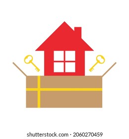Conceptual vector illustration with house and keys in cardboard box for moving or buying new real estate.