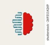 Conceptual vector illustration of a human brain split between a biological side and an AI and digital side with flowing binary code. Represents the merger of human and artificial intelligence.
