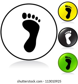 Conceptual vector illustration of human foot print symbol in round button. Proposed colors. Vector File.