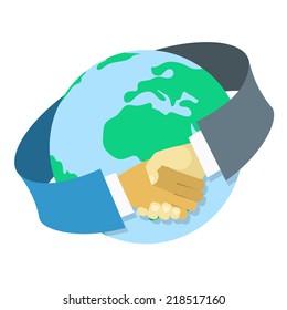 Conceptual vector illustration of international business cooperation in the form of a handshake around earth globe in modern flat style. Isolated on white.