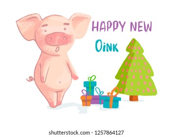 Conceptual vector illustration with lettering happy new oink and cartoon style pig isolated on background. Hand drawn vector illustration.