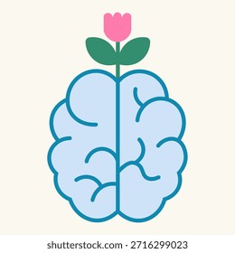 Una Ilustración vectorial conceptual de un cerebro humano azul claro con una flor rosa que crece desde la parte superior, simbolizando la salud mental, el crecimiento personal, la atención plena y el bienestar psicológico