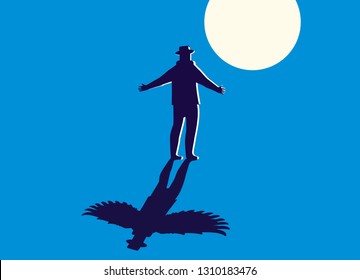 Conceptual vector illustration of a man standing by the light of the moon with the shadow of an angel with wings. Seeking a soul or praying or meditating.