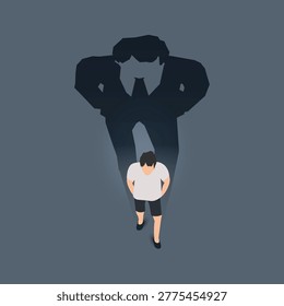 Conceptual vector illustration of a man walking forward while casting a large shadow shaped like a powerful businessman in a suit