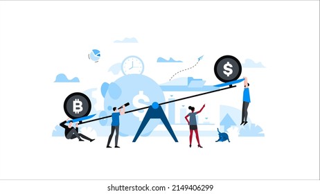 La metáfora conceptual de la ilustración vectorial muestra un peso desigual. Dólar vs Bitcoin. Vector amigable duik preparado para la animación. Historia conceptual de los negocios. Criptodivisa, inversión, e-business.