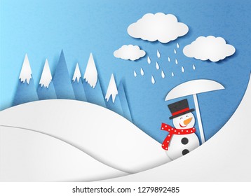 Conceptual vector illustration in minimal style - a snowman with an umbrella in the rain. Security and safety concept. Paper cut style.