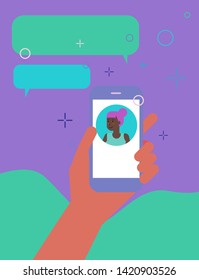 Conceptual vector illustration of mobile app, messaging and communication through social network. A hand holding a smartphone, two people get in touch and have a virtual chat conversation.