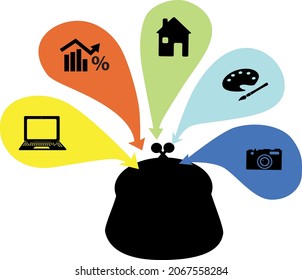 Conceptual vector illustration on income diversification, assorted source of income to supply a coin purse,  EPS 8