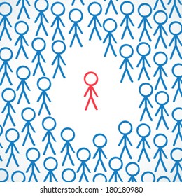 Conceptual vector illustration of one highlighted individual surrounded by a crowd of other stick figures.