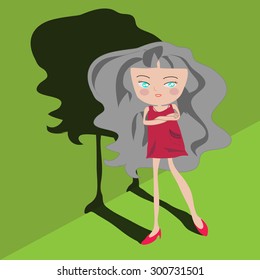 Conceptual Vector Illustration of Ordinary Business Woman or Female Office Worker with Shadow. Flat Cartoon Design.