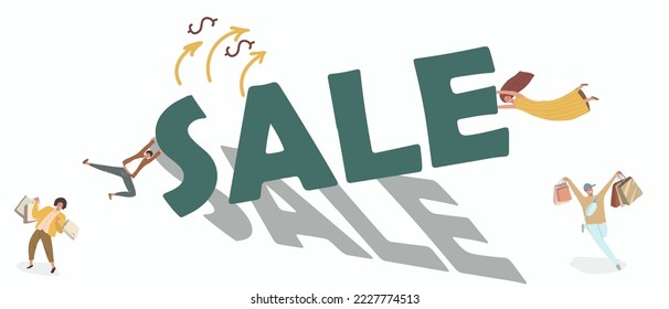 Conceptual vector illustration, people grab discounts, rejoice in shopping. Happy buyers cartoon characters. Sale of household goods, clothes, consumerism concept.