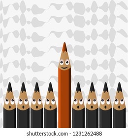 Conceptual vector illustration of the phrase, Orange is the new black. Black colored pencils arranged in row and orange color pencil sticking out. Abstract pattern background.