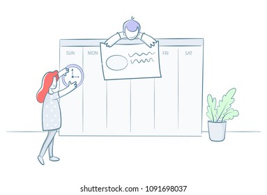 Conceptual vector illustration for project management. Girl with clock. On boarding illustration. Landing page illustration.Isolated on white background.