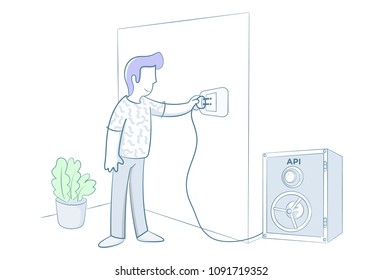 Conceptual vector illustration for project management. Man with API safe. Isolated on white background.