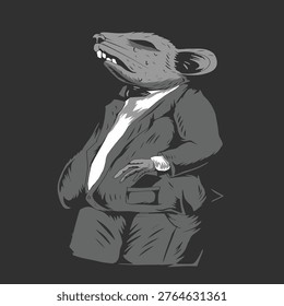 A conceptual vector illustration of a rat wearing a formal suit, symbolizing corruption, greed, bribery, and unethical behavior in business or government systems. The rat metaphor represents dishonesty, fraud, abuse of power, and financial crime. Suitable for themes related to anti-corruption campaigns, political satire, business ethics, money laundering, and social criticism. Clean and modern vector style, ideal for editorial use, awareness campaigns, presentations, and digital media
